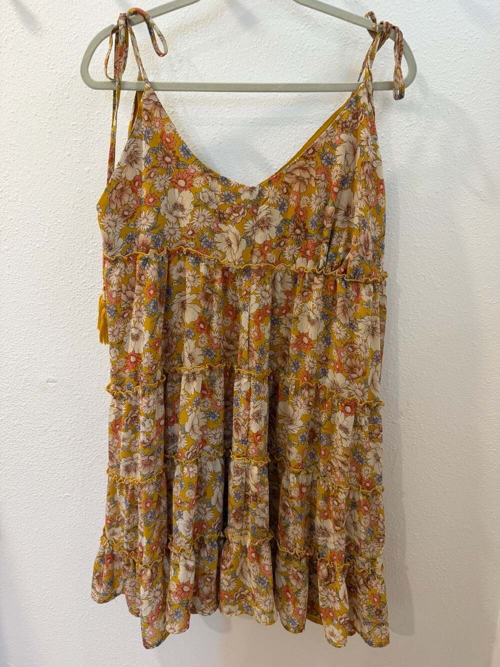 Forever 21+ Women's Mustard Floral Tiered Babydoll Mini Dress with Tassel Tie St